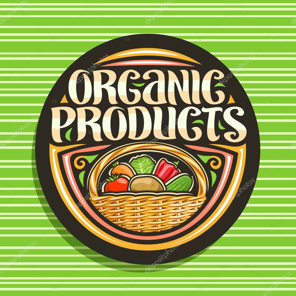 Vector logo for Organic Products, black tag with set of different cartoon veggies, decorative lettering for words organic products, raw autumn crop, diet mix in full wooden pottle on green background.
