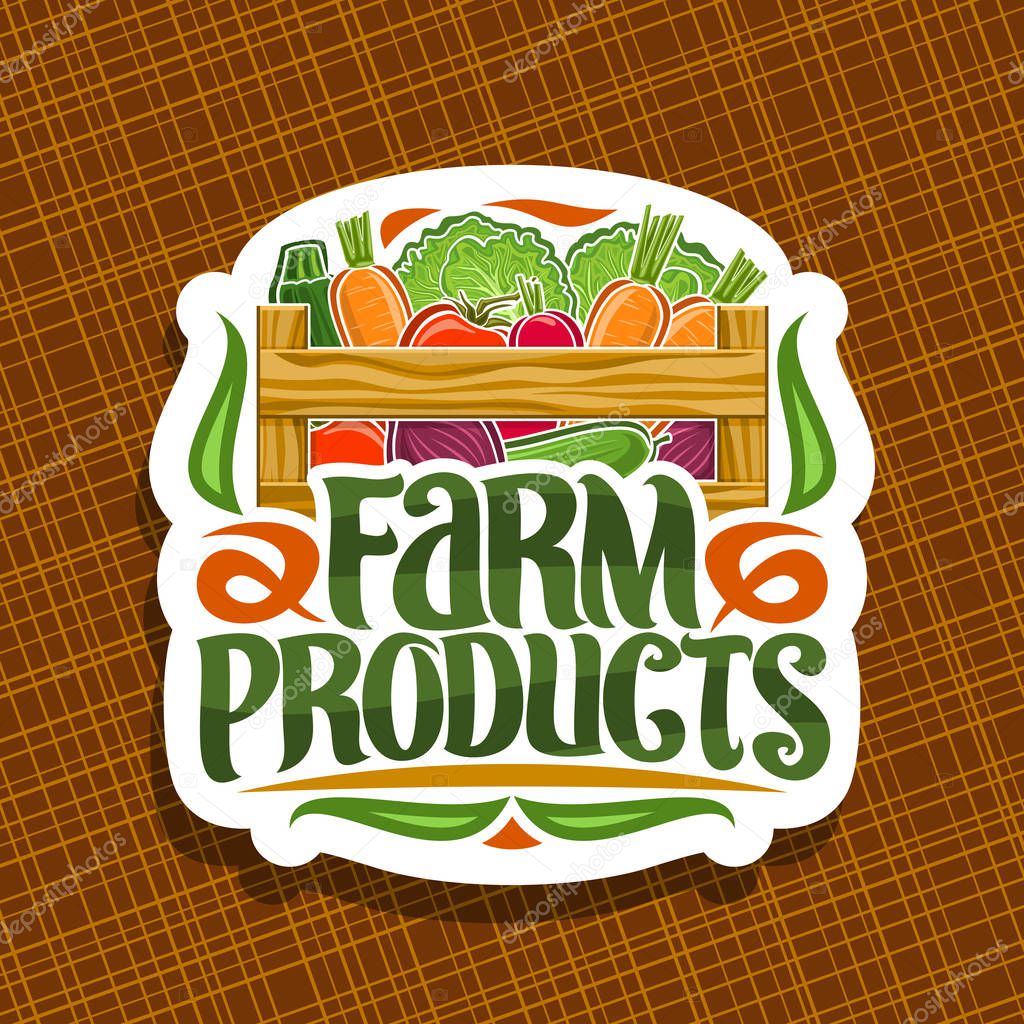 Vector logo for Farm Products, decorative cut paper sign with pile of beet root, raw marrow and radish in wood carrying crate, brush typography for words farm products, white signage for farmer market