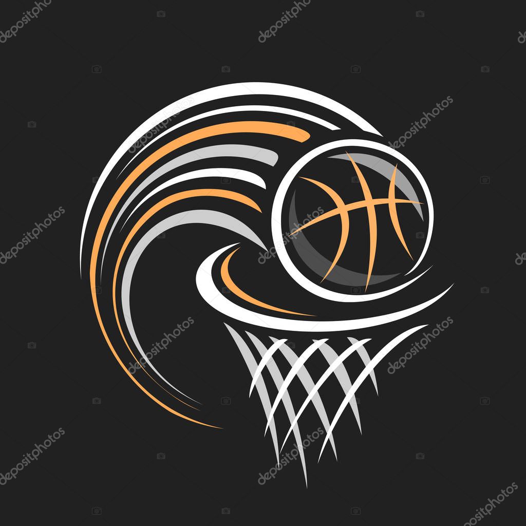 Vector logo for Basketball, decorative badge with basketball ball flying on trajectory in basket with net on black background, sports chalk sketch on blackboard.