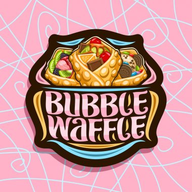 Bubble Waffle için Vektör logosu, çeşitli meyve malzemeleri ile 3 çeşitli hong kong tatlılar ile koyu dekoratif damga, pembe arka plan üzerinde kelimeler kabarcık waffle için orijinal yazı ile imza işareti levha.