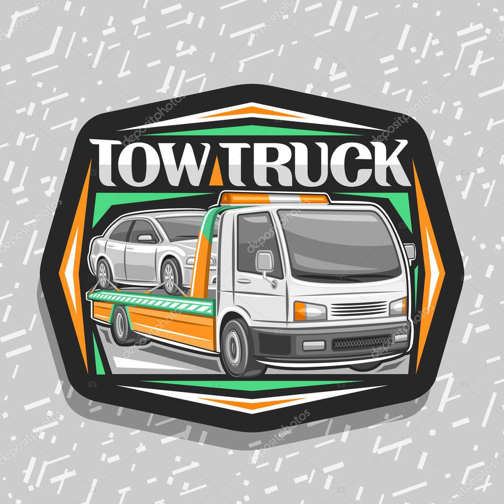 Vector logo for Tow Truck, black decorative label with illustration of evacuator transportation fixed car with orange alarm lights, original lettering for words tow truck on gray abstract background.