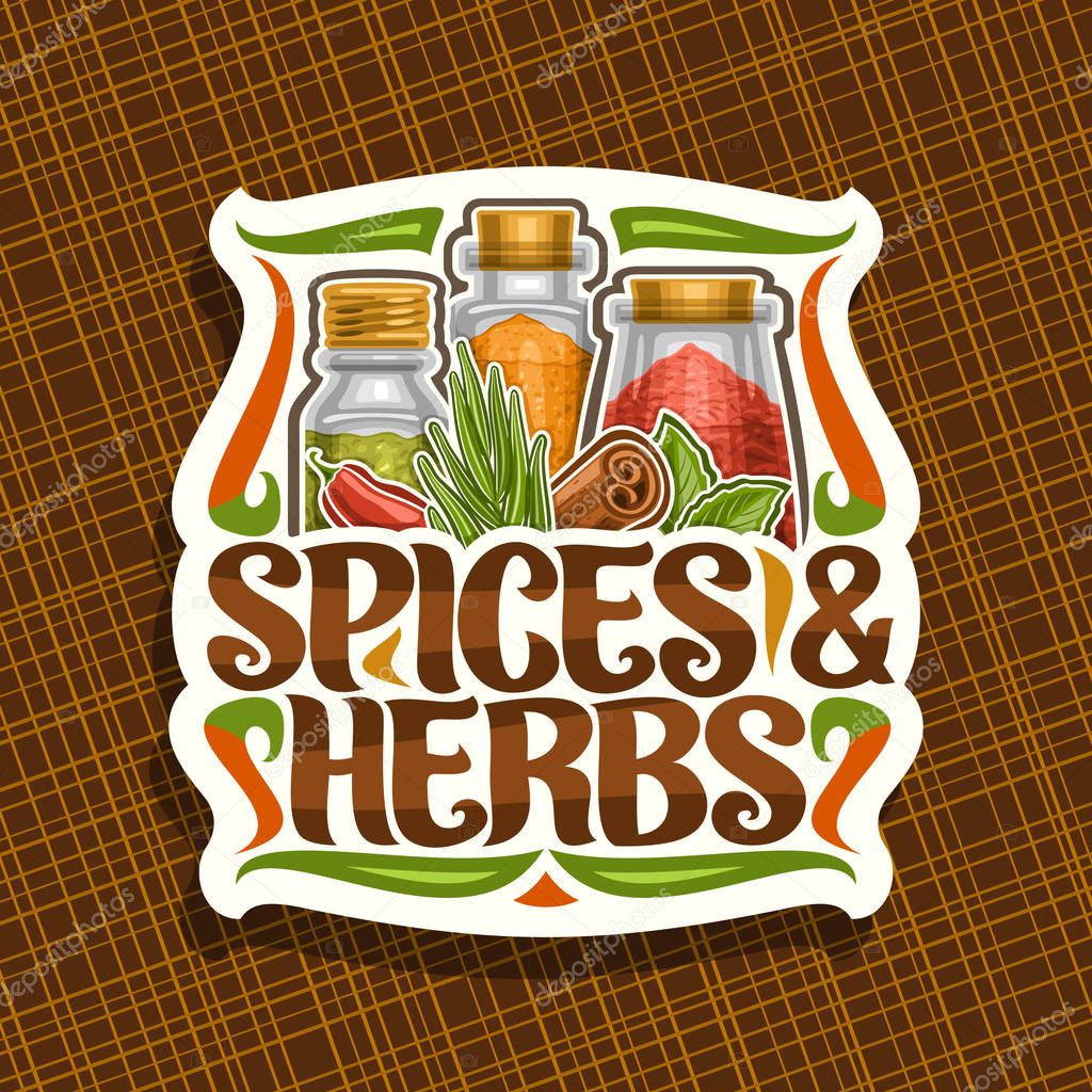 Vector logo for Spices and Herbs, decorative cut paper sign with illustration of set indian dry seasonings in glass boxes, signage with flourishes and original brush typeface for words spices & herbs.