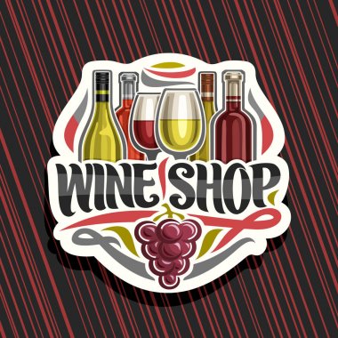 Wine Shop için Vektör logosu, karikatür fransız şarap şişeleri ve yarım tam parlak şarap kadehleri, dekoratif flourishes ve kelimeler şarap dükkanı, üzüm meyve kırmızı demet için yazı seti ile kesilmiş kağıt işareti. 