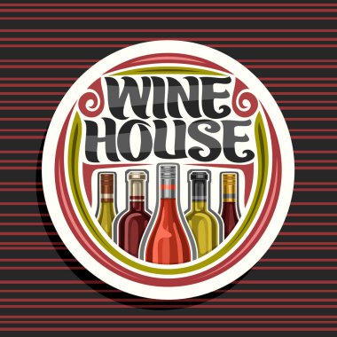 Wine House için Vektör logosu, arka arkaya set çeşitli Fransız şarap şişeleri illüstrasyon ile beyaz yuvarlak işareti, kırmızı çizgili arka plan üzerinde kelimeler şarap evi için dekoratif yazı.