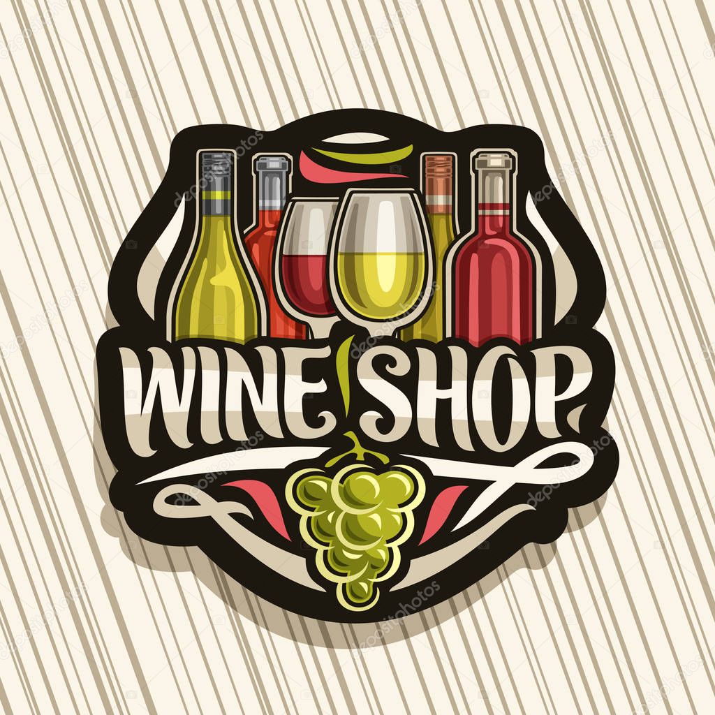 Vector logo for Wine Shop, black signboard with illustration of set italian wine bottles and half full wineglasses, decorative flourishes and lettering for words wine shop, green bunch of grapes fruit