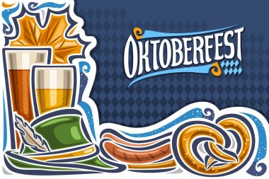 Kopya alanı ile Oktoberfest için Vektör tebrik kartı, mavi rhomb arka plan, akçaağaç yaprağı, bira bardak, yeşil şapka ve plaka üzerinde ızgara sosis kelime oktoberfest için orijinal yazı ile davet.