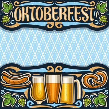 Kopya alanı ile Oktoberfest için Vektör posteri, kelime oktoberfest için yazı ile koyu başlık ile davet, tebrik metni için mavi elmas arka plan, plaka ve bira bardak ızgara sosis.