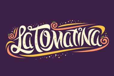 Vector greeting card for La Tomatina festival, creative calligraphic font for spanish festival with flying tomatoes and modern curls, original trendy type for words la tomatina on purple background. clipart