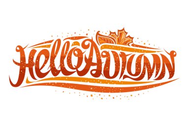 Sonbahar sezonu için Vektör tebrik kartı, sonbahar yaprakları ve dekoratif unsurları ile kıvırcık kaligrafik yazı tipi, beyaz arka plan merhaba sonbahar kelimeler için girdap trendy yazı.