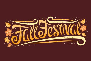 Sonbahar Festivali için Vektör tebrik kartı, sonbahar yaprakları ve dekoratif unsurları ile kıvırcık kaligrafik yazı tipi, kelimeler için girdap yaratıcı yazı ile şablon koyu kahverengi arka plan üzerinde festival sonbahar.