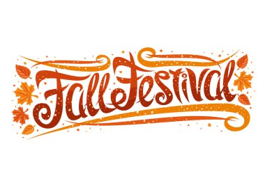Sonbahar Festivali için Vektör tebrik kartı, sonbahar yaprakları ve dekoratif unsurları ile kıvırcık kaligrafik yazı tipi, kelimeler için girdap zarif yazı ile şablon beyaz arka plan üzerinde festival sonbahar.