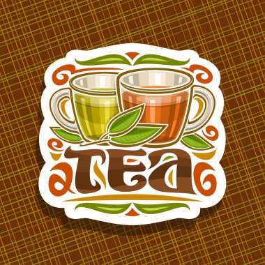 Çay için Vektör logosu, sarı ve kahverengi sıvı ile 2 cam bardak illüstrasyon ile dekoratif kesim kağıt işareti, çay ve flourishes, soyut arka plan metin çay için orijinal fırça yazı tipi.