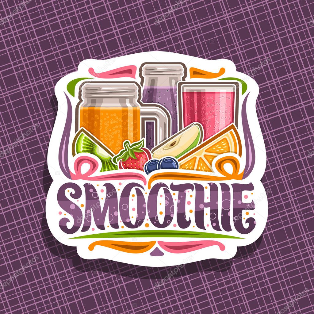 Vector logo for fruit Smoothie, decorative cut paper tag with illustration of juicy fruit ingredients, bottle and mason jar with homemade blended liquid, concept sign with lettering for word smoothie.