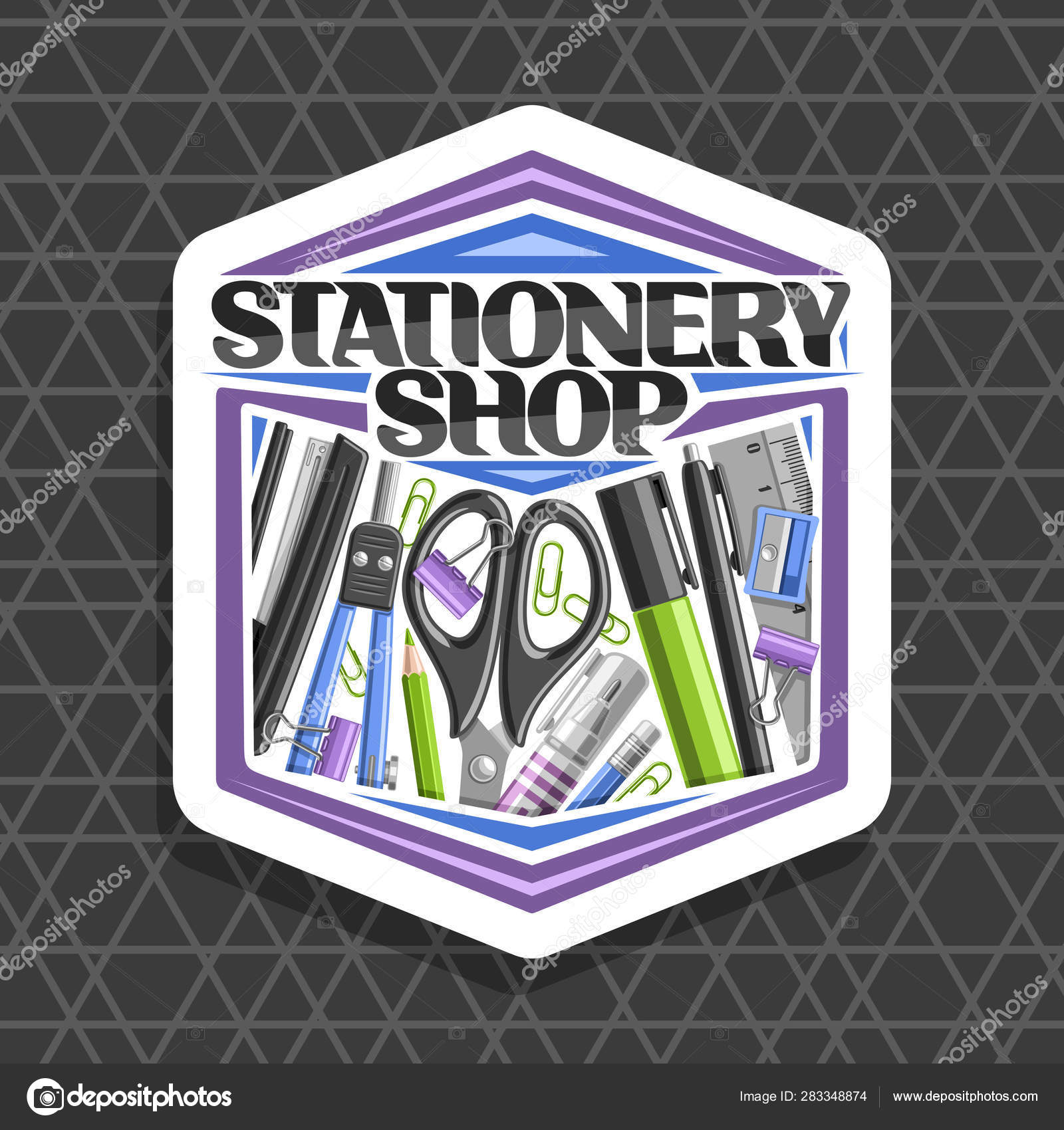 Vector Logo Stationery Shop White Hexagonal Sign Board Illustration Group  Stock Vector by ©mihmihmal 283348874, image size:1600x1700