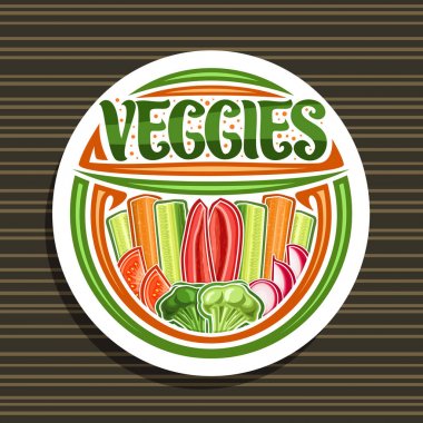 Sebzeler için Vektör logosu, üst üste çiğ sebze grubu illüstrasyon ile beyaz etiket, kelime sebzeler için dekoratif yazı tipi, farklı doğranmış sebze düz yatıyordu çiftçi dükkanı için tasarım tabela.