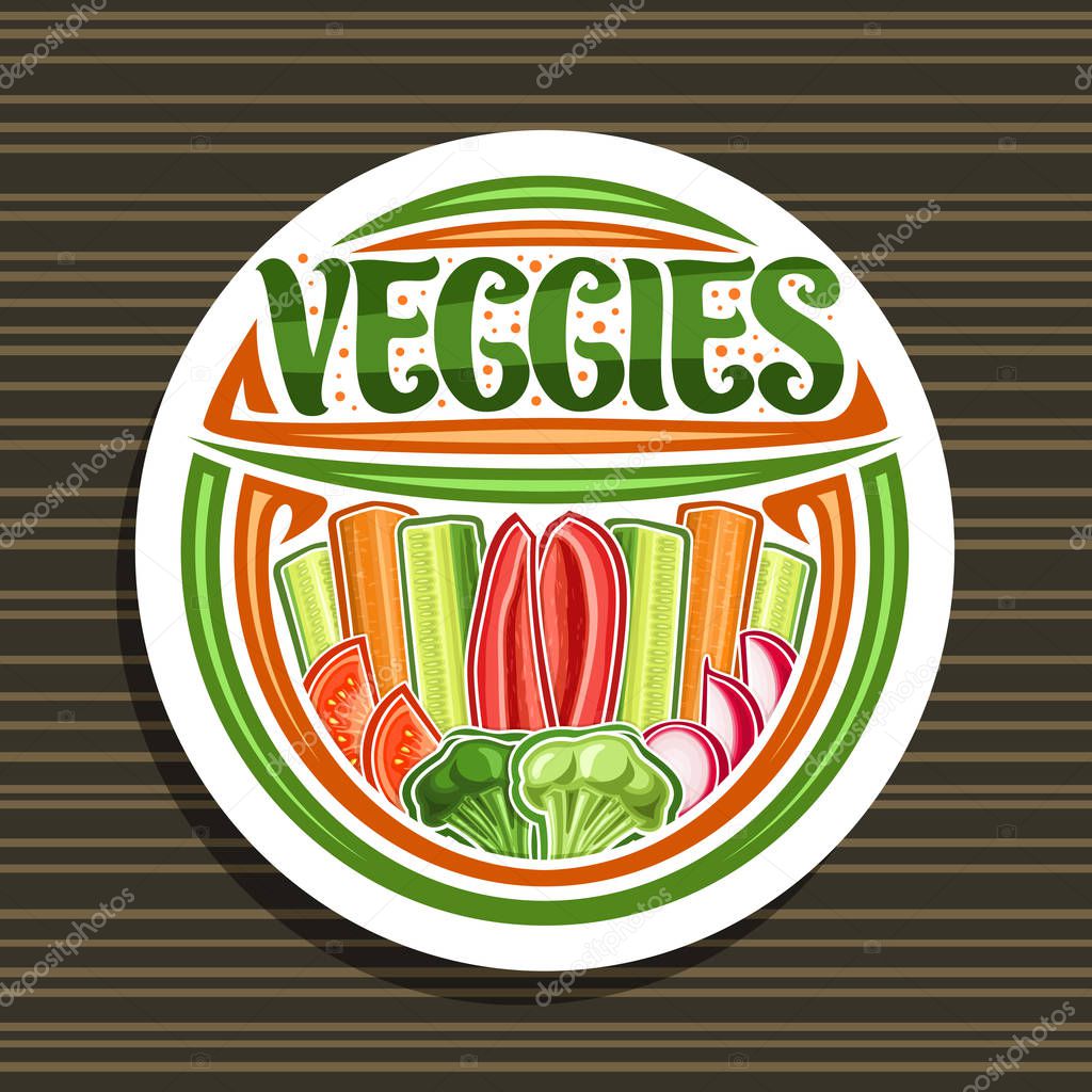 Vector logo for Veggies, white tag with illustration of raw vegetables group in a row, decorative typeface for word veggies, design signage for farmer shop with different chopped vegetables flat lay.