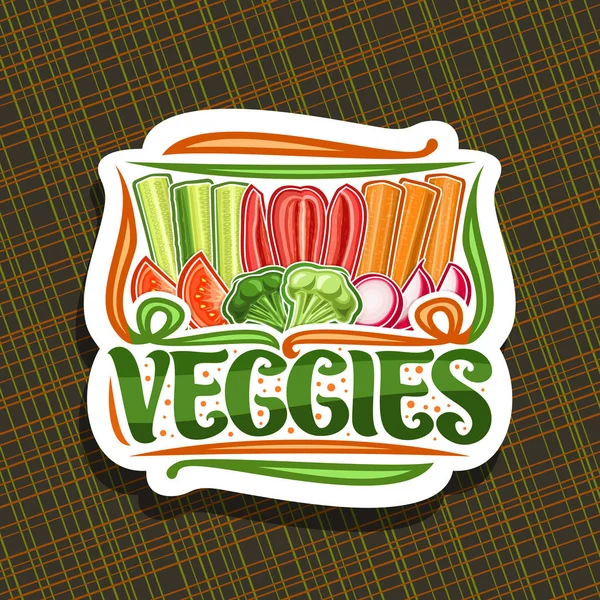 蔬菜矢量标志 切碎纸标志 用粗蔬菜的插图排成一排 装饰字体为文字蔬菜 招牌为农民商店用不同切碎的蔬菜平铺 — 图库矢量图片
