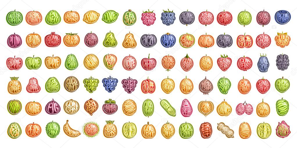 Vector set of fresh Fruits, 90 cut out illustration of organic fruits and berries, group of colorful design stickers for drinks and ice cream dessert, variety text in shape of cartoon healthy fruit.