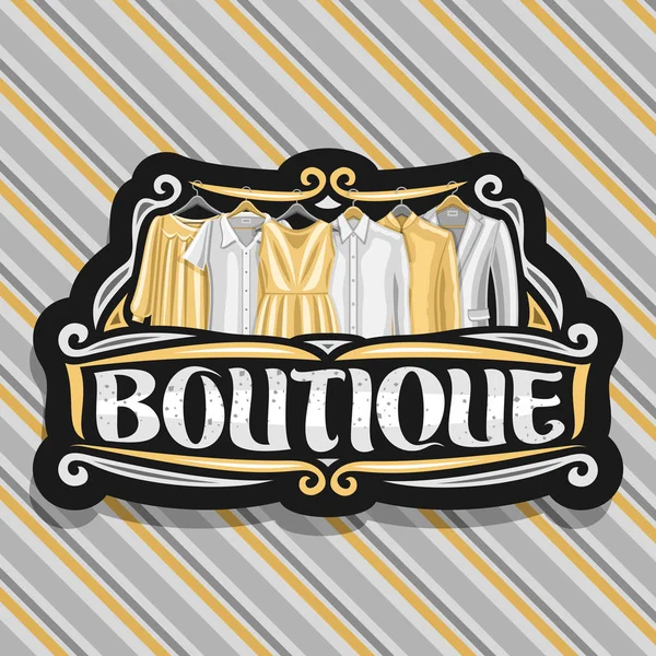 Vector logo for Boutique, black sign board with illustration of women's dresses and grey men's jackets, original brush typeface for word boutique, fashion concept on luxury striped fabric background.