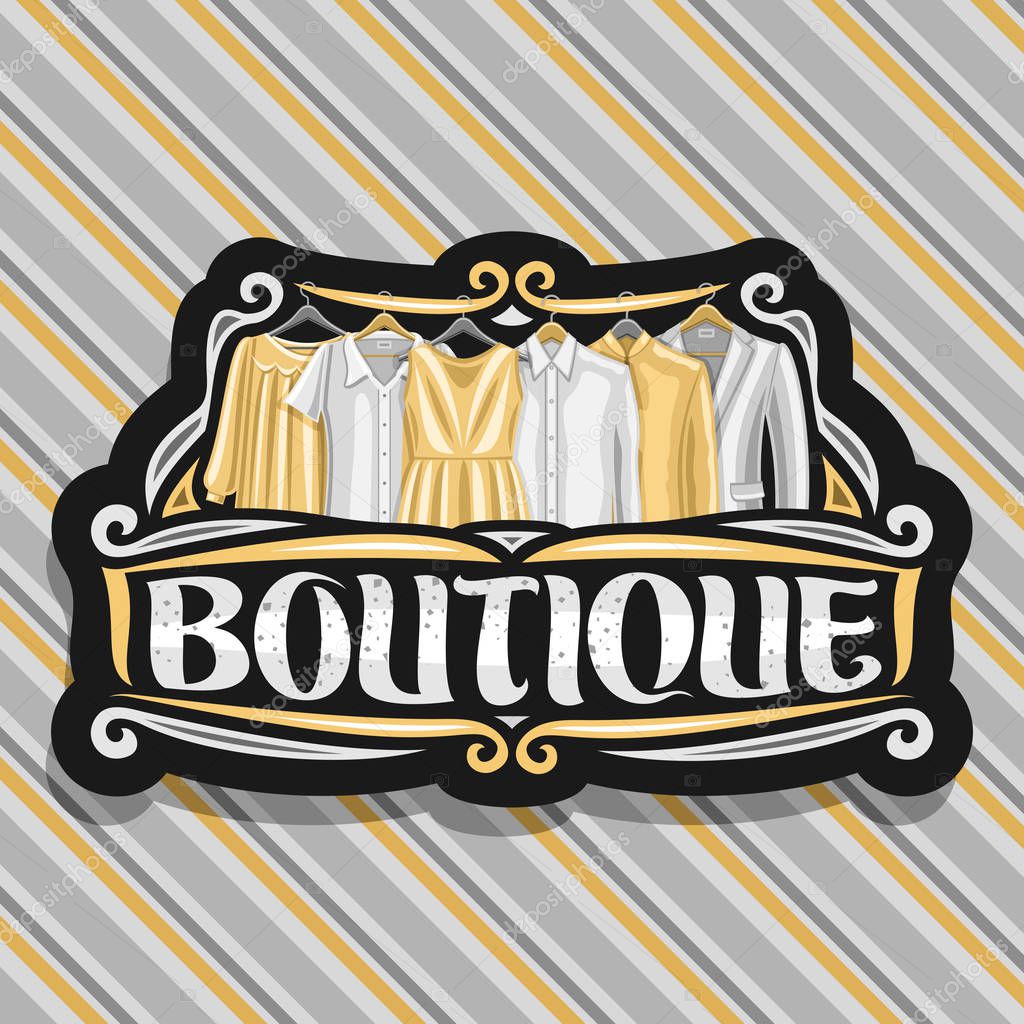 Vector logo for Boutique, black sign board with illustration of women's dresses and grey men's jackets, original brush typeface for word boutique, fashion concept on luxury striped fabric background.
