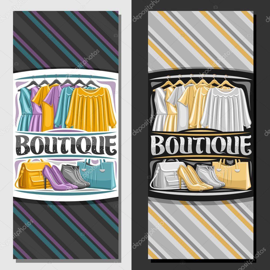 Vector templates for Boutique, brochure with illustration of colorful women's dresses hanging on rack in a row, decorative brush typeface for word boutique, grey girl shoes and yellow bags on shelf.