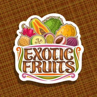 Egzotik Meyveler için Vektör logosu, grup farklı renkli sağlıklı meyve illüstrasyon ile dekoratif kesim kağıt etiketi, soyut arka plan üzerinde kelimeler için orijinal yazı tipi ile tabela.