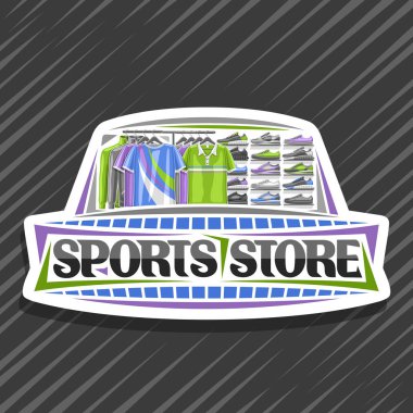Spor Mağazası için Vektör logosu, modern spor ayakkabı illüstrasyon ve aktivite yaşam tarzı için üst üste rafa yeni moda giysiler illüstrasyon ile beyaz dekoratif tabela, kelimeler spor mağazası için orijinal yazı tipi.
