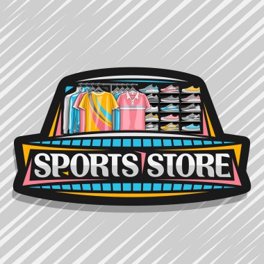 Sports Store için Vektör logosu, modern spor ayakkabı illüstrasyon ve aktivite yaşam tarzı için üst üste rafa yeni moda giysiler illüstrasyon ile siyah dekoratif tabela, kelimeler spor mağazası için orijinal yazı tipi.