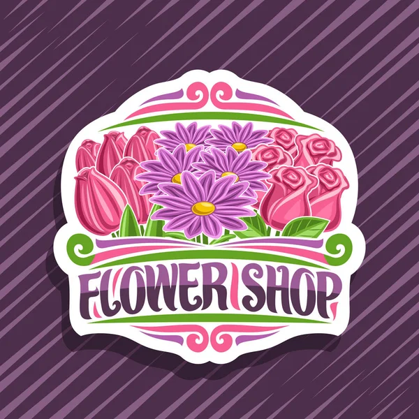 Vector logo for Flower Shop, decorative cut paper label with illustration of red spring tulips, purple chrysanthemums and pink roses with green leaves, original brush typeface for words flower shop.