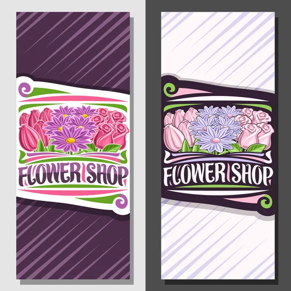 Vector layouts for Flower Shop, leaflet with illustration of pale tulips, purple summer asters, pink natural roses with green leaves, sign board with decorative brush lettering for words flower shop.