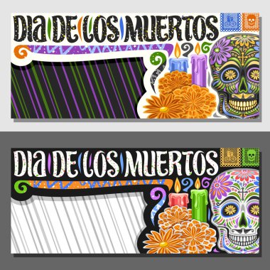 Kopya alanı ile Dia de los Muertos için vektör düzenleri, ürpertici kafatası illüstrasyon ile dekoratif kupon, turuncu çiçekler, kelimeler dia de los muertos için orijinal yazı tipi ile yatay tebrik kartı