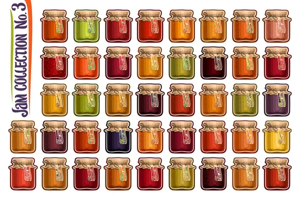 Vektör seti farklı Jam Jars, grup 42 meyve kapları renkli kesilmiş nesneleri, çeşitli cam kavanoz grafik çizimler kapalı kağıt kapakları yay bağlı, ev yapımı reçel kapları toplama.