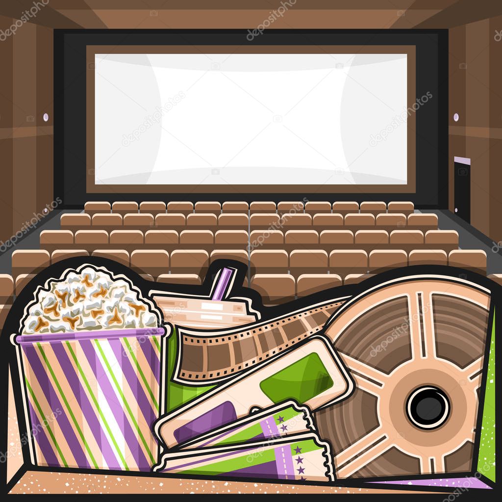 Vector illustration of Movie Theater, square poster with cinema screen, rows of armchairs, pop corn in large box, drink in plastic cup, green-magenta 3d movie glasses, admission ticket and cinema reel