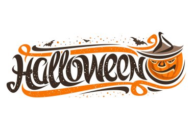 Cadılar Bayramı Tatili için Vektör tebrik kartı, karikatür ürkütücü Jack-o-Lantern ve uçan yarasalar ile sonbahar satılık dekoratif el ilanı, beyaz arka plan üzerinde kelime halloween yazmak için orijinal fırça yazı tipi.