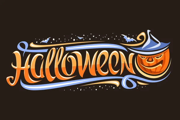 Cadılar Bayramı Tatili için Vektör tebrik kartı, karikatür uğursuz Jack-o-Lantern ve uçan yarasalar ile sonbahar satış için dekoratif el ilanı, karanlık arka plan üzerinde kelime halloween yazmak için orijinal fırça yazı tipi.