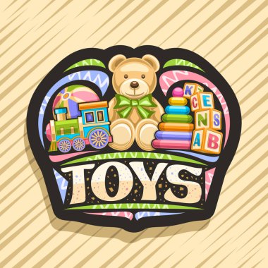 Kids Toys için Vektör logosu, buharlı tren illüstrasyon lu siyah dekoratif tabela, şişme top, peluş oyuncak ayı, plastik piramit ve ahşap çocuk küpleri, kelime oyuncakları için orijinal fırça yazı tipi
