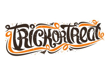 Halloween sloganı Trick veya Treat ile Vektör tebrik kartı, kıvırcık kaligrafik yazı tipi, yarasalar ve dekoratif unsurlar, kelimeler hile veya beyaz arka plan üzerinde tedavi için girdap trendy yazı ile şablon.