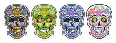 Meksika Ölüler Günü için Şeker Kafatasları Vektör seti, dia de los Muertos festivali için dekoratif çiçek süslemeleri ile renkli insan kafatasları kesip 4 grup, bıyıklı karikatür gülümseyen maskeler.