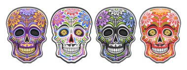 Meksika Ölüler Günü için Şeker Kafatasları Vektör seti, Dia de los Muertos karnaval için etnik çiçek süslemeleri ile renkli insan kafatasları kesip 4 koleksiyonu, bıyıklı karikatür gülümseyen maskeler.