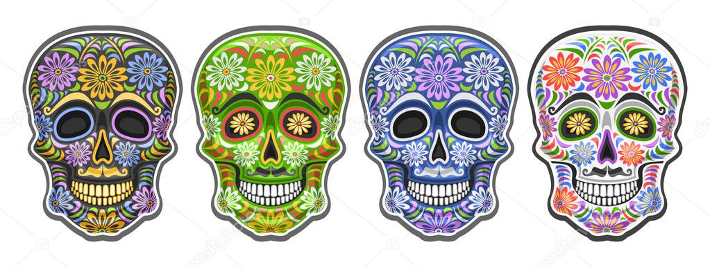 Vector set of Sugar Skulls for mexican Day of the Dead, group of 4 cut out colorful human skulls with decorative floral ornament for Dia de los Muertos festival, cartoon smiling masks with mustache.