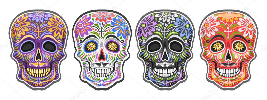 Vector set of Sugar Skulls for mexican Day of the Dead, collection of 4 cut out colorful human skulls with ethnic floral ornament for Dia de los Muertos carnival, cartoon smiling masks with mustache.
