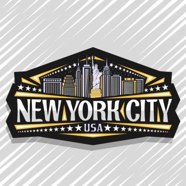New York için Vektör logosu, alacakaranlıkta Ny siluetinin arka planda Özgürlük heykeli ile koyu dekoratif etiket, kelimeler için orijinal yazı ile Nyc sanat konsepti New York, Abd ve üst üste yıldız.
