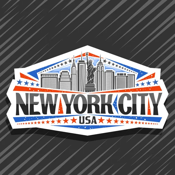 뉴욕시의 스카이 라인의 배경에 자유의 여신상 그림이있는 뉴욕시와 서체가있는 Nyc — 스톡 벡터