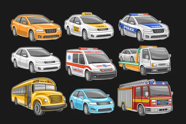 Conjunto Vetores Carros Ilustração Veículos Cidade Cortados Fundo Preto Táxi — Vetor de Stock