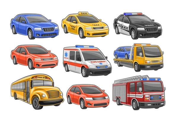 Conjunto Vetorial Carros Ilustração Veículos Cortados Cidade Fundo Branco Táxi — Vetor de Stock