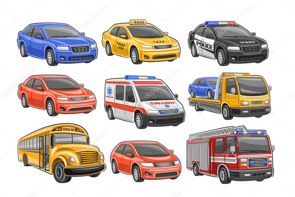 Vector set of Cars, 9 illustration of cut out city vehicles on white background, taxi cab, police car, ambulance van with blue lights, municipal tow truck, school bus and red fire engine with ladder.