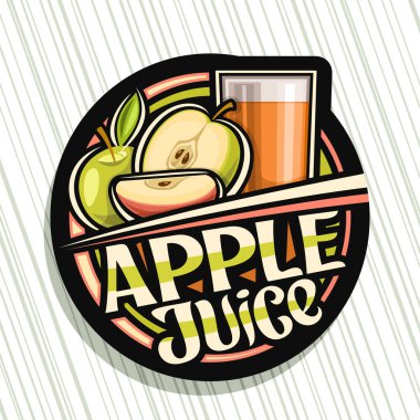 Apple Juice için vektör logosu, koyu renkli dekoratif etiket. Bardakta meyve içeceği illüstrasyonu ve 3 karikatür elma, meyve konsepti. Gri çizgili arka planda elma suyu kelimesinin eşsiz harfleri..