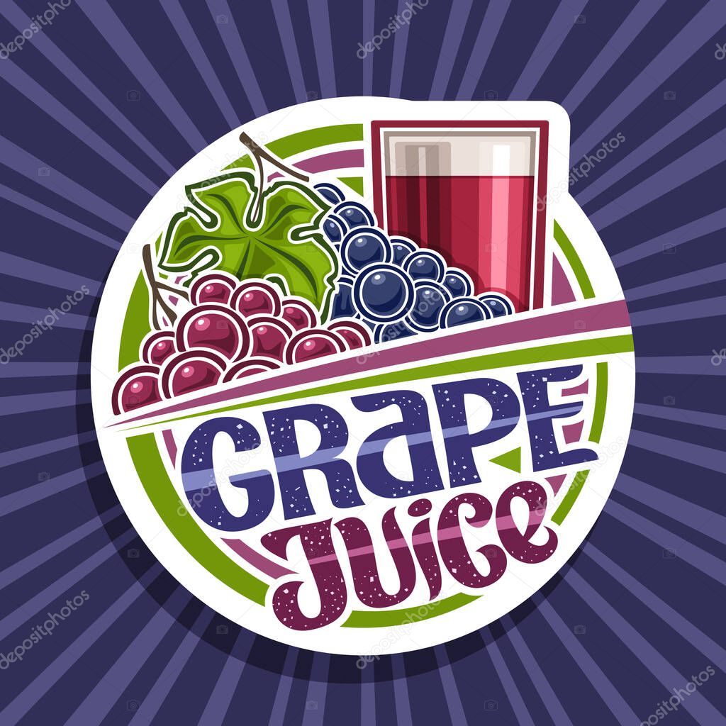 Vector logo for Grape Juice, white decorative label with illustration of fruit drink in glass and 2 cartoon grape bunches, fruit concept with unique lettering for words grape juice on blue background.
