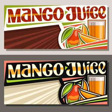 Mango Meyve Suyu için vektör pankartları, çizgili arka planda mango suyu kelimelerini içeren üç karikatür mangosu ve meyve suyu resimli yatay düzenler..