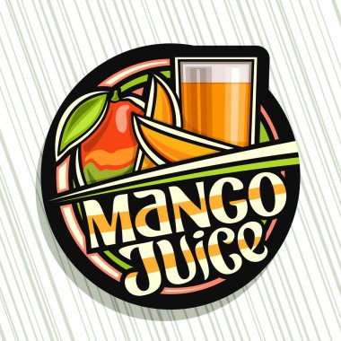Mango suyu için vektör logosu, uzun bardakta meyve içeceği ve 3 karikatür mango resimli koyu dekoratif etiket, gri arka planda mango suyu için eşsiz harflerle yazılmış meyve konsepti.